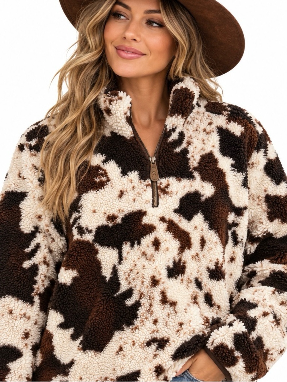 C.C. Collection Cow Print Sherpa Fleece Quarter Zip Pullover Large